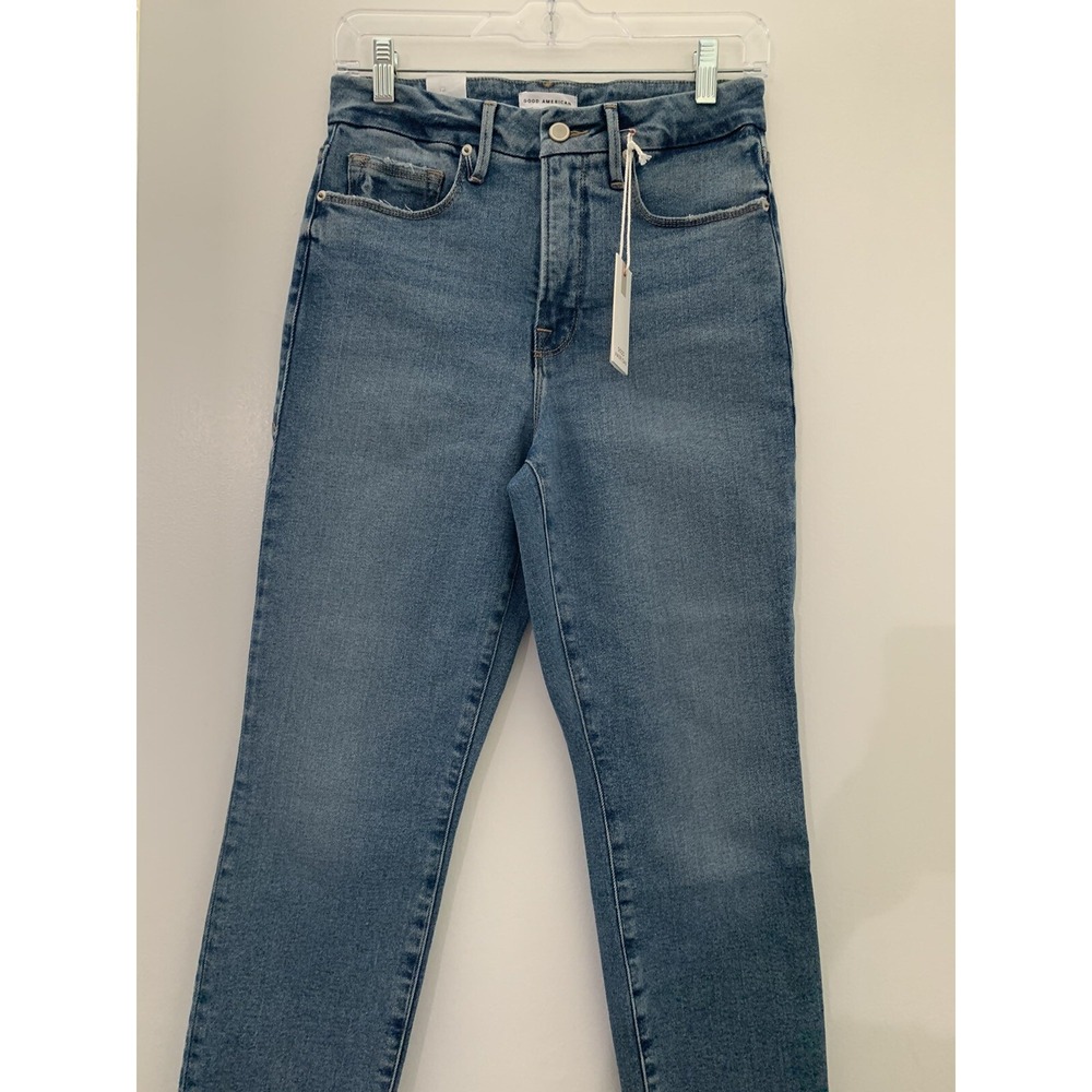 NWT Good American Womens Blue Raw Hem Denim Distressed In Back Jeans 6/28